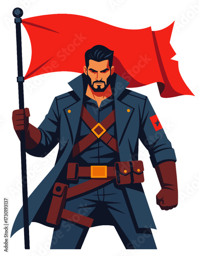 Strong Man Red Flag Commander Determined Warrior Character