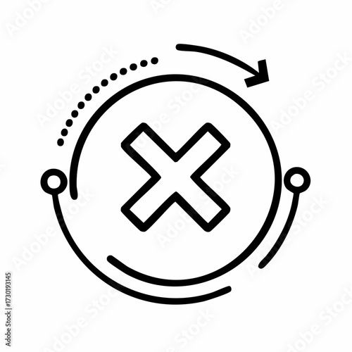 Circular arrow graphic with a prominent cross symbol indicating a process, error, or incorrect status, visually conveying a negative or rejected outcome in a clean, modern design