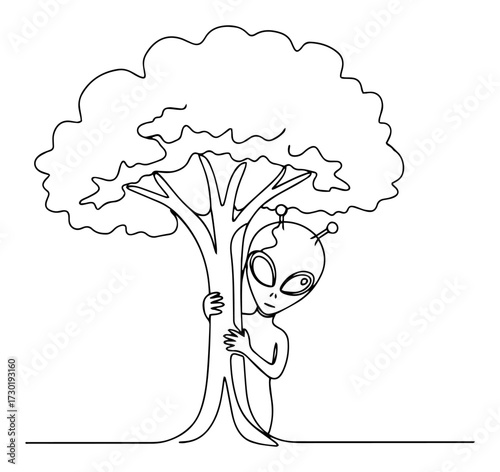 Shy Alien Peeking from Behind a Tree