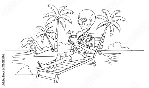 Alien Relaxing on a Tropical Beach with a Cocktail