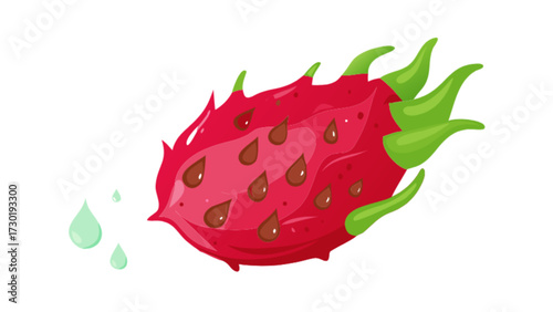 Illustration of a vibrant dragon fruit with green leaves and water droplets on a white background