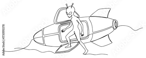 Alien Landing From Spaceship Outline Vector