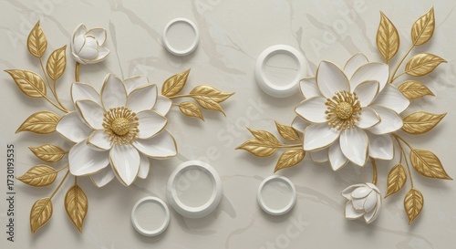 White 3D floral wallpaper with hollow rings — elegant mural on a light beige textured background.