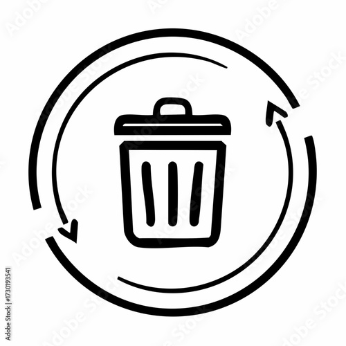 Simple black line art icon showing a garbage can with arrows for waste reduction and eco-friendly ideas