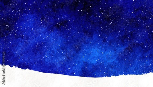 A starry night sky, painted in deep blues, meets a crisp white snow-covered landscape, creating a serene and captivating scene.