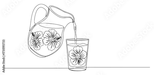 Pitcher Pouring Beverage into Glass Line Vector