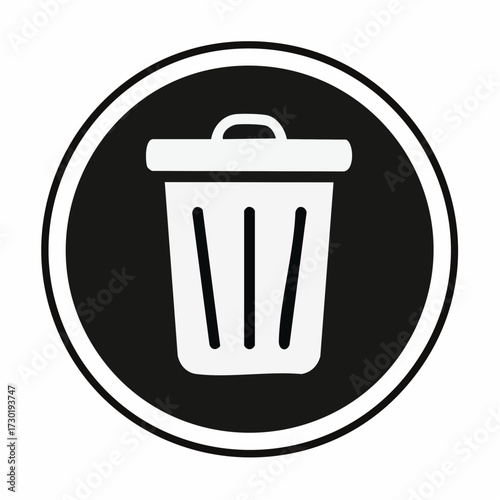 Flat design trash can icon. White rubbish bin symbol inside a black circle for digital interface deletion, removal, and environmental waste concepts