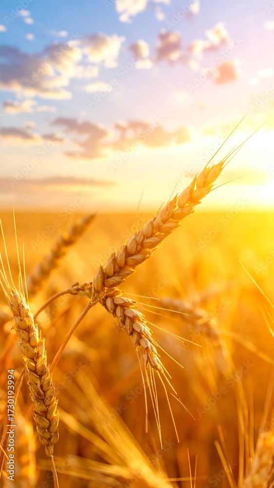 Fototapeta premium Golden wheat stalks in a field at sunset, bathed in warm light (1)