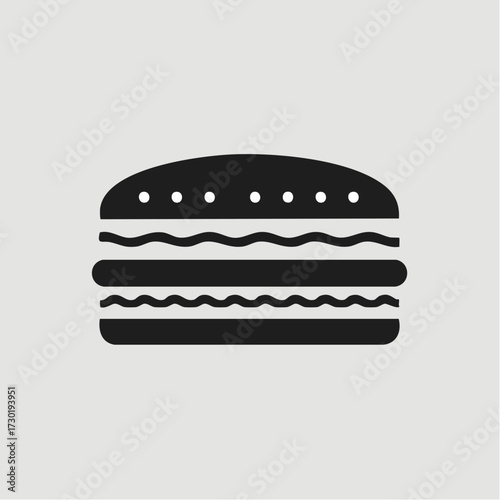Minimalist black hamburger icon on a light grey background, perfect for web design elements, menu interfaces, or fast food restaurant branding, representing a classic American meal concept