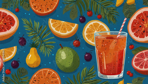 A colorful, repeating seamless pattern of tiny tropical fruits and drinks on a bright blue background, vector illustration style. Created using generative AI tools