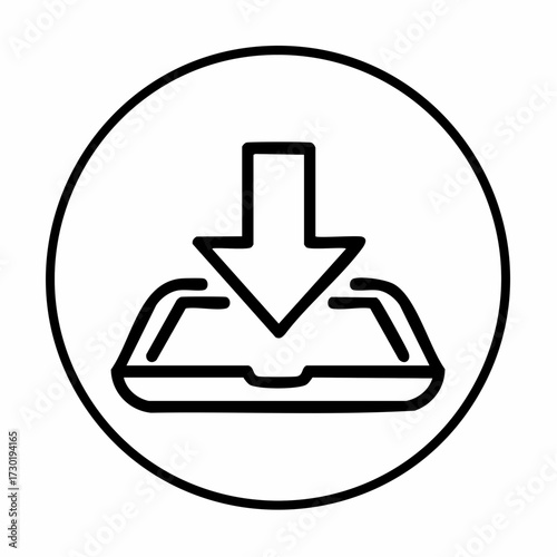 Modern outline vector icon representing data transfer or content download, symbolizing the acquisition of digital information onto a portable electronic device like a laptop or tablet