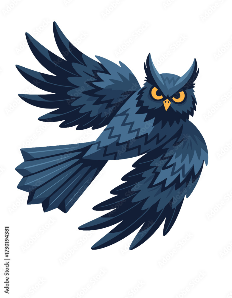 Obraz premium Flying Owl Cartoon Mascot Dark Blue Bird Night Hunter
