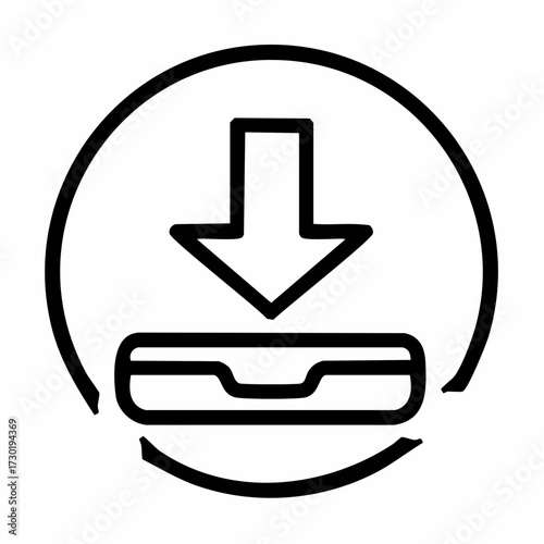 Icon representing a download function, featuring an arrow pointing down towards a tray, set within a circular frame