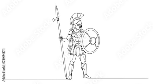 Spartan Hoplite with Spear and Shield Line Art