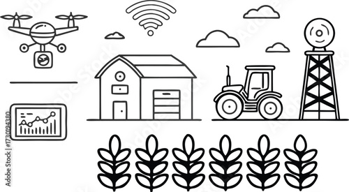 Modern farming technology integrates drone, tractor, and data for efficient agricultural operations and smart cultivation.