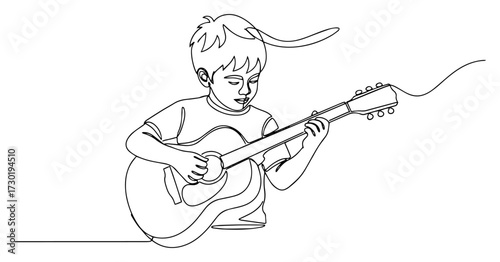 Boy Playing Acoustic Guitar Continuous Line Art