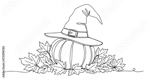 Pumpkin with Witch Hat and Autumn Leaves