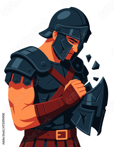 Depressed Roman Gladiator Warrior Character Cartoon Mascot Soldier Helmet Breaking