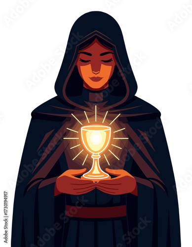 Mysterious Woman Holding Glowing Holy Chalice Grail Dark Theme