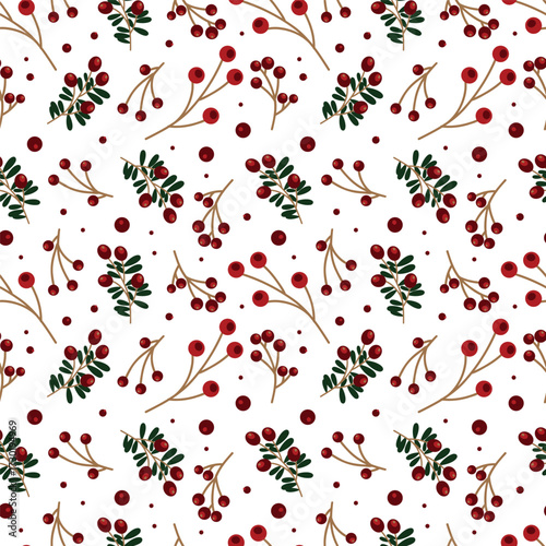 Christmas pattern with leaves and berries. Christmas berries, branches. Christmas background.