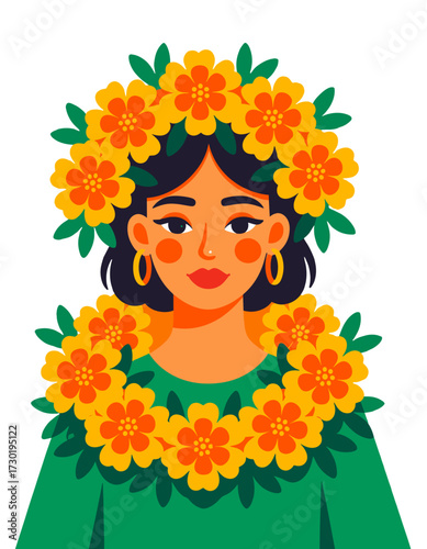 Woman Marigold Flowers Traditional Celebration Day Mexican Culture