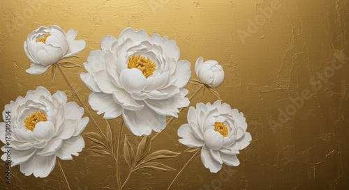 White peony wallpaper on metallic gold — luxurious floral mural with sculpted blossoms for statement walls