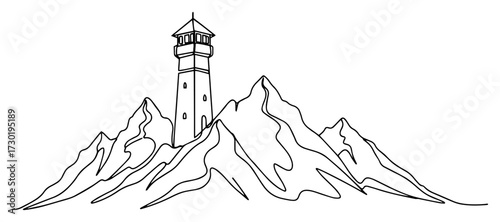 One Line Art of a Lighthouse on a Mountain Peak