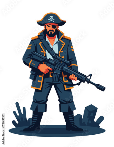 Modern Pirate Character Rifle Gun Isolated Art Illustration