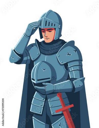 Medieval Knight Full Armor Holding Helmet Sword Royal Guardsman