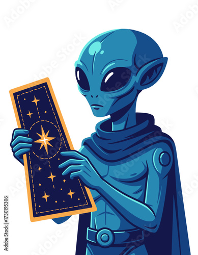 Blue Alien Character Holding Star Card Space Mystery Illustration
