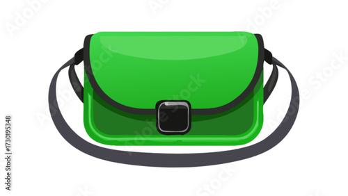 Illustration of a bright green satchel bag with a gray strap and a black buckle on a white background