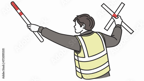 Illustration of a signaler wearing a safety vest and using signal paddles for communication on site