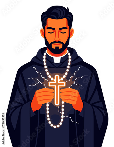 Catholic Priest Monk Holding Cross Religious Faith Praying Man