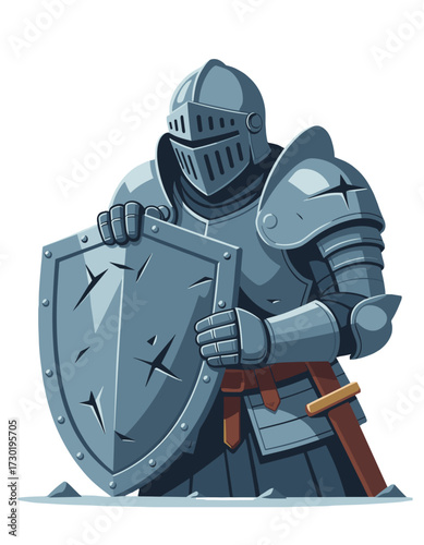 Medieval Knight Full Armor Holding Shield Ready Combat Battle