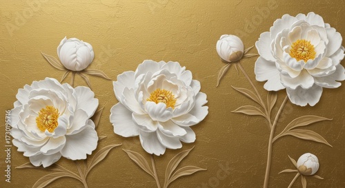 White peony wallpaper on metallic gold — luxurious floral mural with sculpted blossoms for statement walls