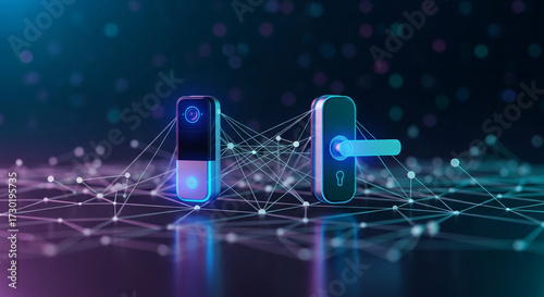 Smart lock system with digital door lock and handle connected to a network in a futuristic design