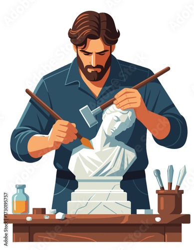 Sculptor Art Creation Process Man Carving Bust Statue Craftsmanship