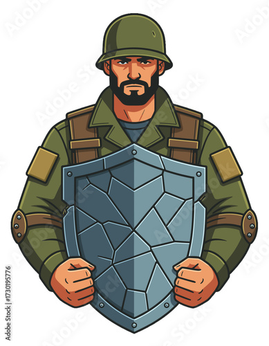 Strong Soldier Character Holding Cracked Shield Armored Military Man