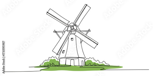 Traditional Windmill on Hill Vector Illustration
