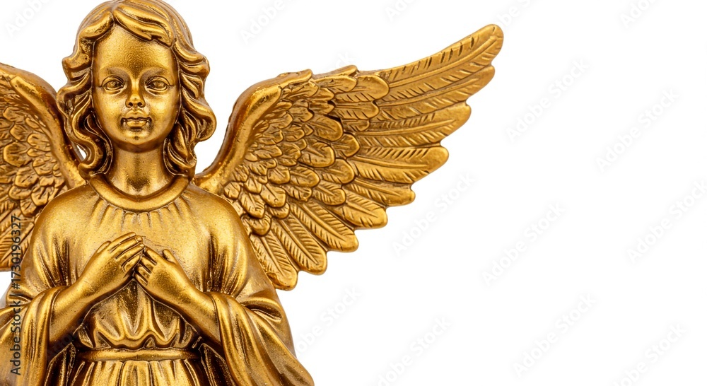 Fototapeta premium A golden angel statue with wings folded over its chest against a plain white background in close up view
