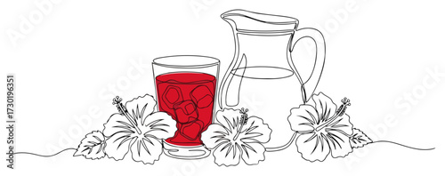 Hibiscus Iced Tea with Pitcher and Flowers Illustration