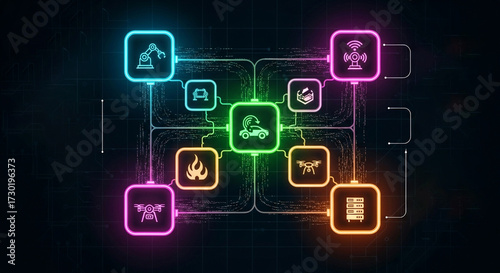 Abstract network of interconnected icons representing various industries and sectors, symbolizing global connectivity