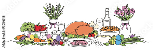 Easter Holiday Dinner Table with Food and Flowers Illustration