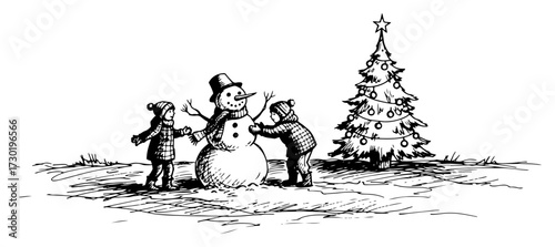 Children Building a Snowman by Christmas Tree Illustration