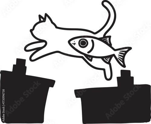 Whimsical cat leaping across rooftops catching a fish for a meal fun cartoon style artwork vector
