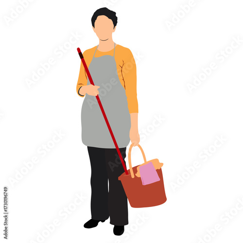 Cartoon Cleaning Lady with Cleaning Supplies.
