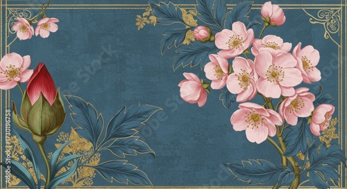 Cherry blossom wallpaper on deep teal — elegant floral mural with blooming pink branches in watercolor