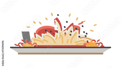 Illustration of a plate with pasta, tomato slices, and black pepper with a knife on the side view
