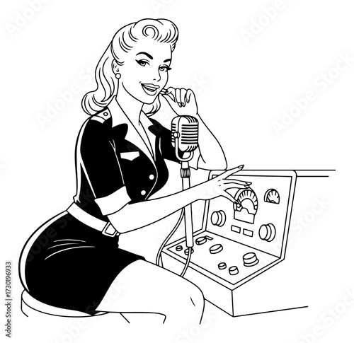 Retro Pinup Radio Announcer at Console