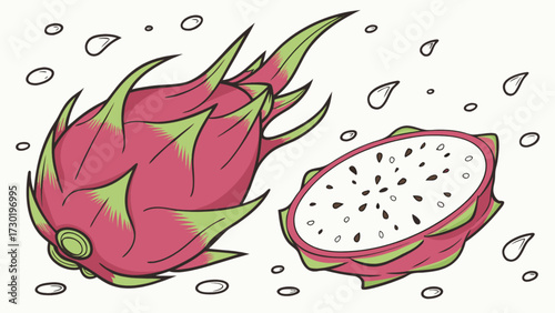 Illustration showing a whole dragon fruit and a halved dragon fruit with small seeds scattered around it